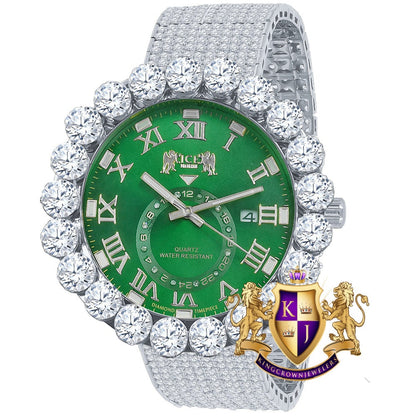 Real Diamond Dial Green Face Roman Numeral Face White Gold Tone 10 Row Custom Band Bezel Watch XL 55mm