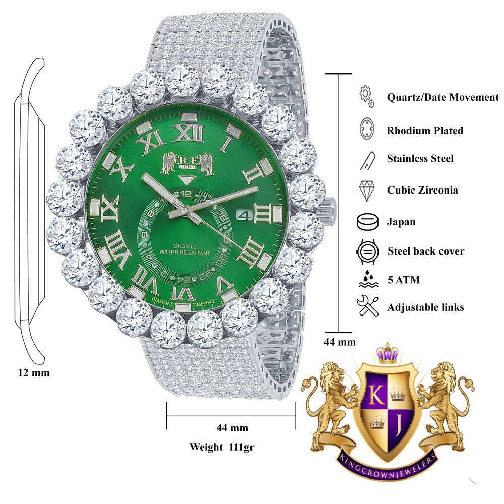 Real Diamond Dial Green Face Roman Numeral Face White Gold Tone 10 Row Custom Band Bezel Watch XL 55mm
