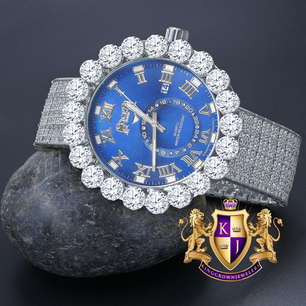 Real Diamond Dial Blue Face Roman Numeral Face White Gold Tone 10 Row Custom Band Bezel Watch XL 55mm