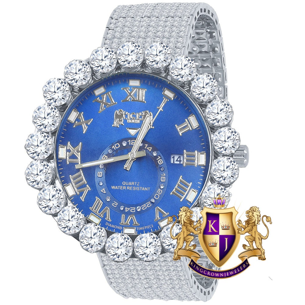 Real Diamond Dial Blue Face Roman Numeral Face White Gold Tone 10 Row Custom Band Bezel Watch XL 55mm