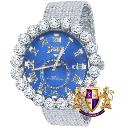 Real Diamond Dial Blue Face Roman Numeral Face White Gold Tone 10 Row Custom Band Bezel Watch XL 55mm