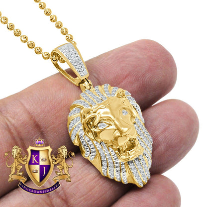 Men's Real Genuine Authentic  Diamond 0.40 Cwt. 15+ Grams Lion King Head Face Charm 10K Gold Over Pendent Chain Neckless Set Small 1.50''