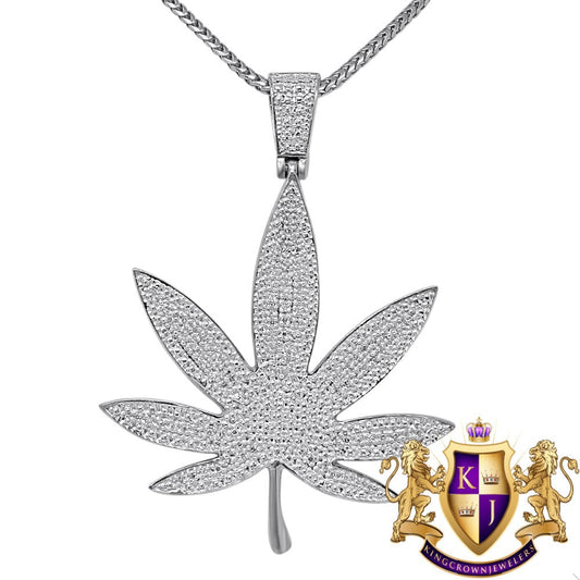 Real Genuine Diamond 10K White Gold Over Weed Marijuana Leaf Plant Pendant Charm Chain Set