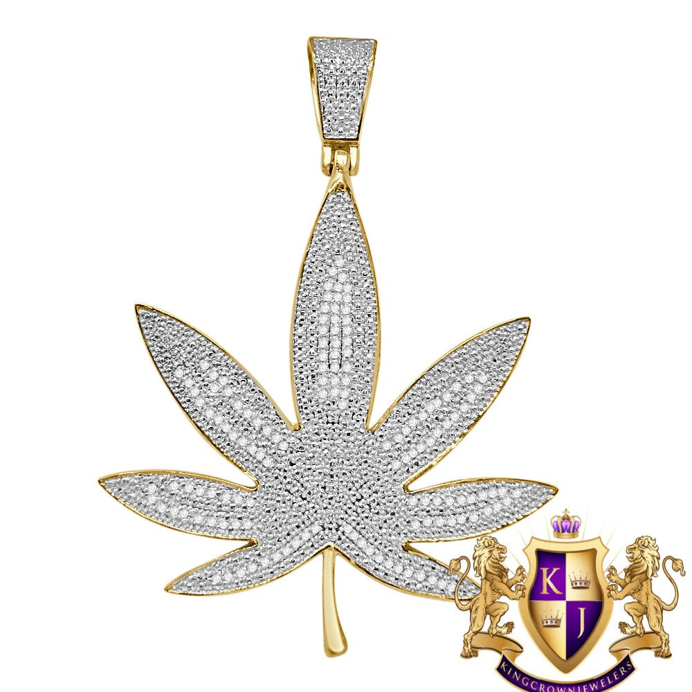 Mens Genuine Authentic Diamond 10K Yellow Gold Over Weed Marijuana Leaf Plant Pendant Charm 2.75''