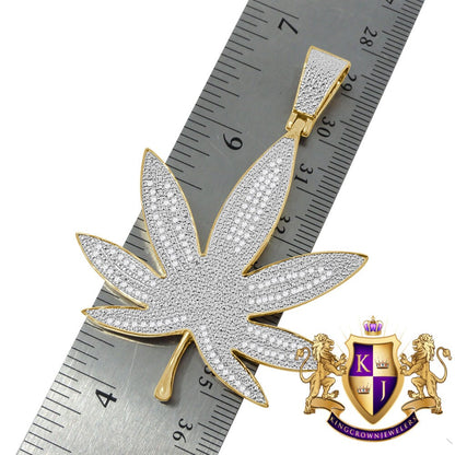 Mens Genuine Authentic Diamond 10K Yellow Gold Over Weed Marijuana Leaf Plant Pendant Charm 2.75''