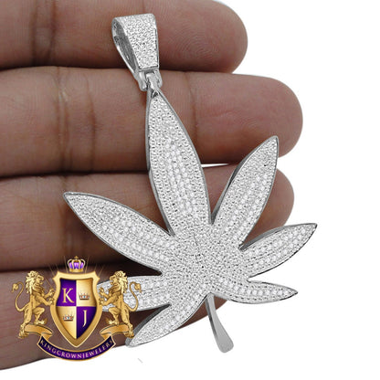 Mens Genuine Authentic Diamond 10K White Gold Over Weed Marijuana Leaf Plant Pendant Charm 2.75''