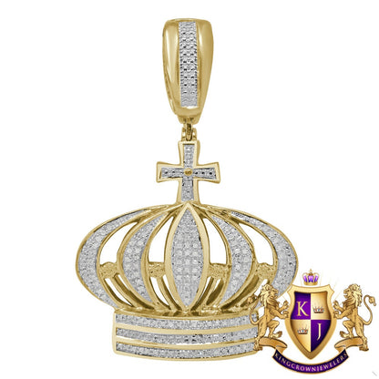 Real Genuine Diamond Kings Crown Cross Pave Charm Pendent 10K Yellow Gold Finish