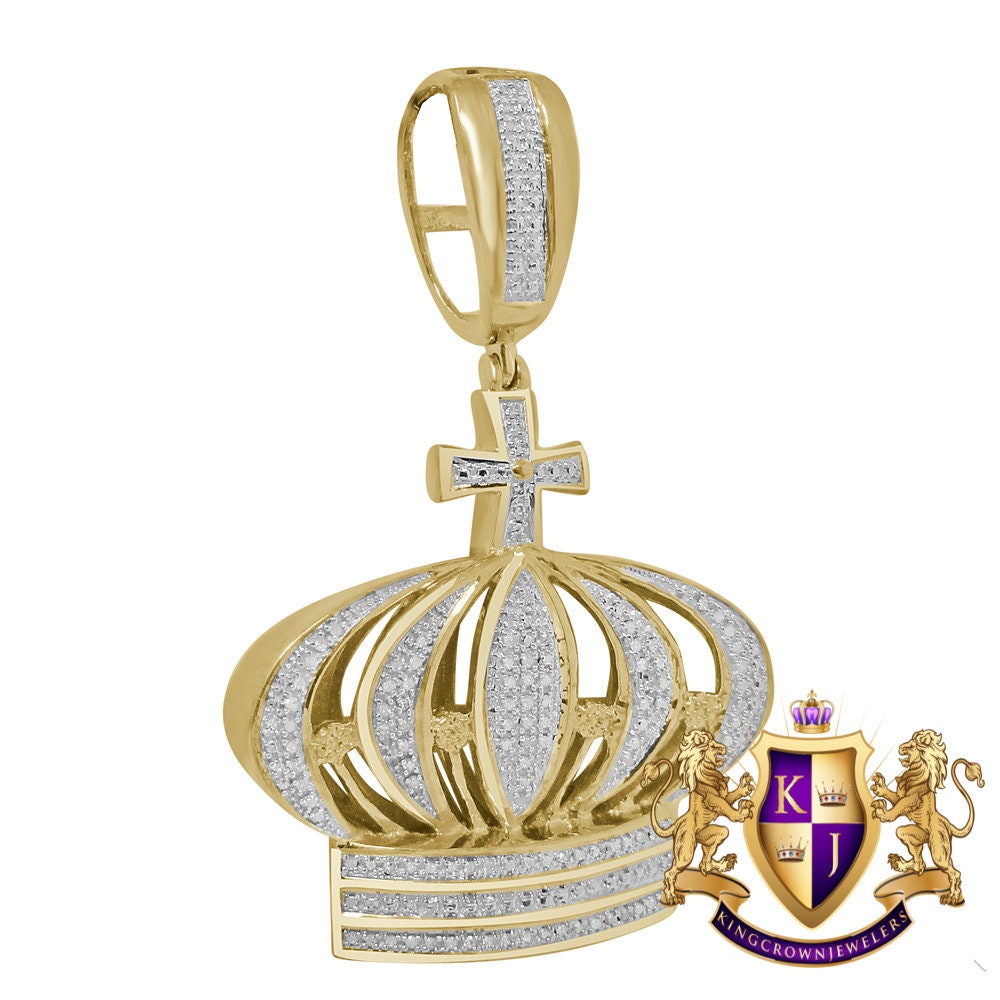 Real Genuine Diamond Kings Crown Cross Pave Charm Pendent 10K Yellow Gold Finish