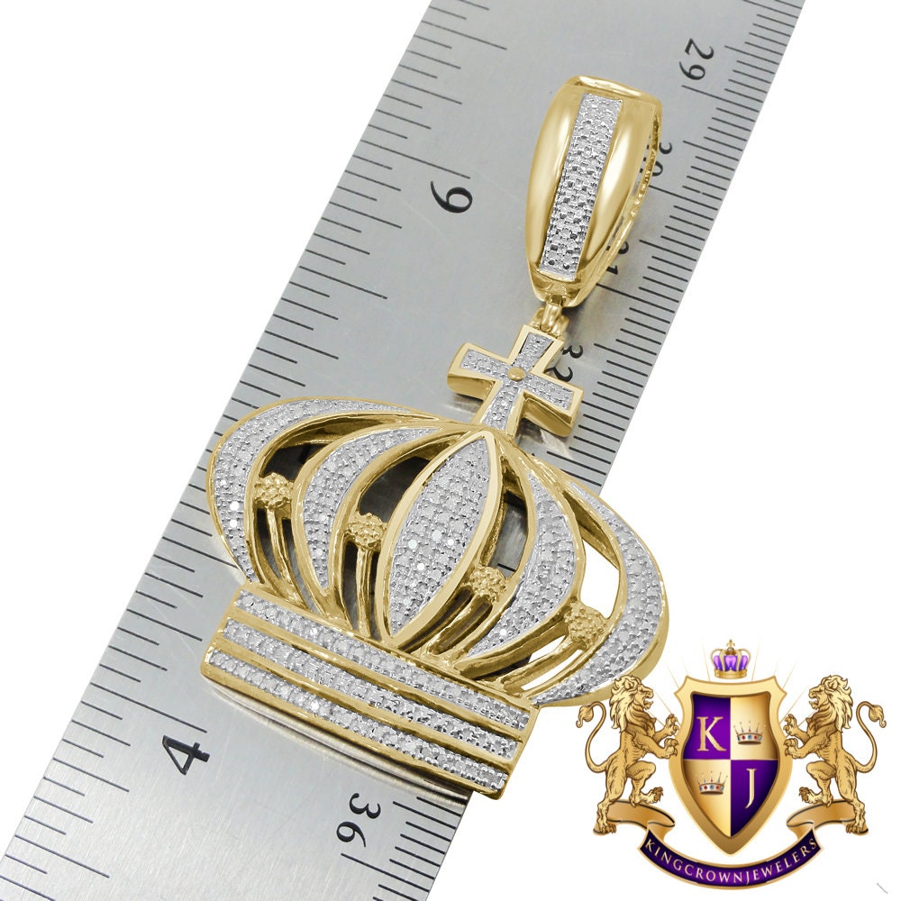 Real Genuine Diamond Kings Crown Cross Pave Charm Pendent 10K Yellow Gold Finish