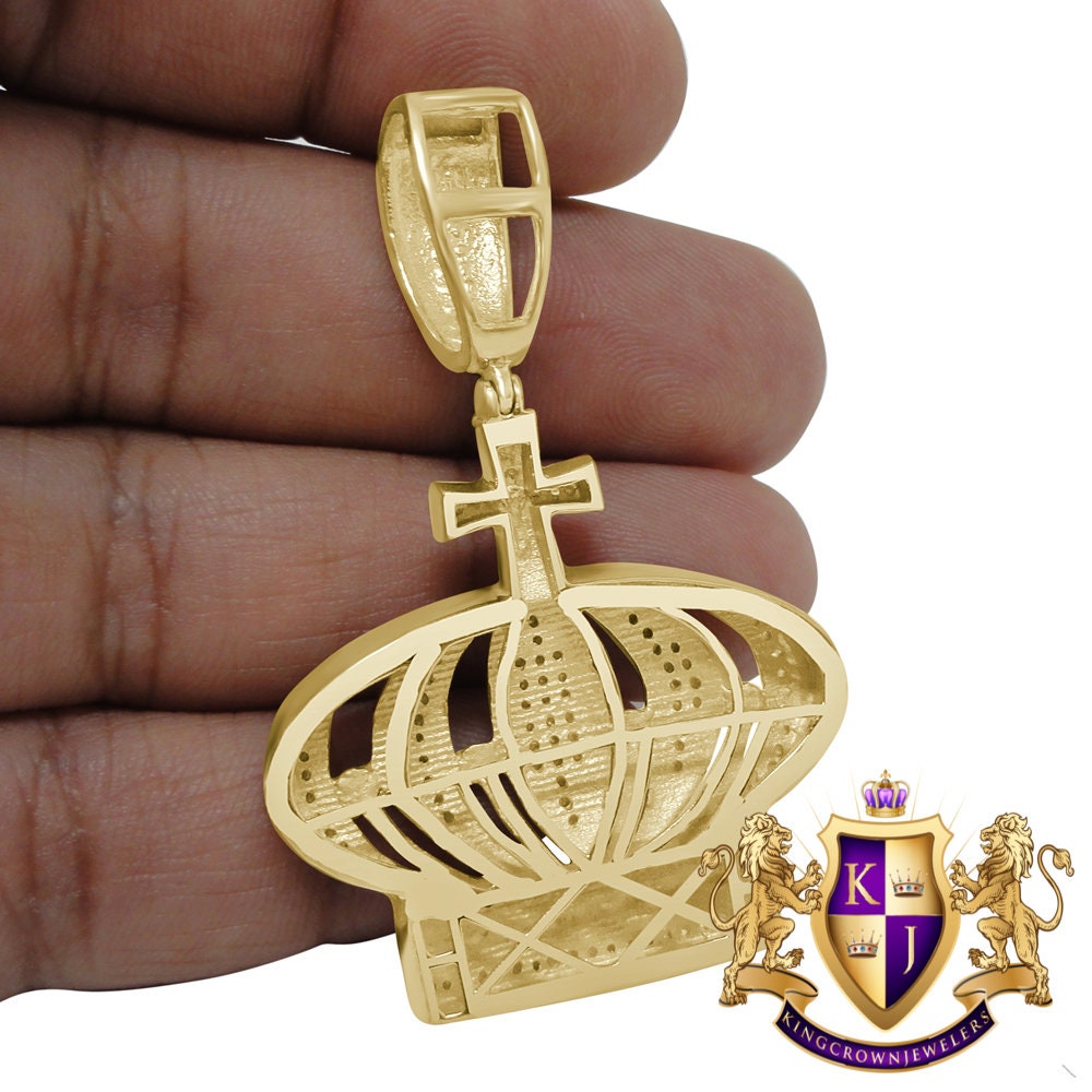 Real Genuine Diamond Kings Crown Cross Pave Charm Pendent 10K Yellow Gold Finish