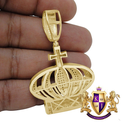 Real Genuine Diamond Kings Crown Cross Pave Charm Pendent 10K Yellow Gold Finish