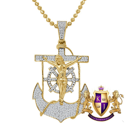 Real Genuine Diamond Jesus Anchor Cross Crucifix Piece Pendant Charm Chain Set 10K Gold Finish
