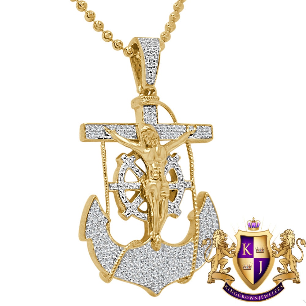 Real Genuine Diamond Jesus Anchor Cross Crucifix Piece Pendant Charm Chain Set 10K Gold Finish