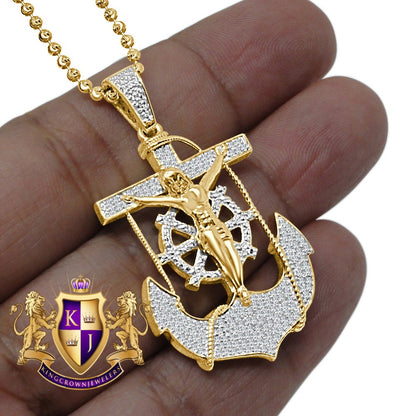 Real Genuine Diamond Jesus Anchor Cross Crucifix Piece Pendant Charm Chain Set 10K Gold Finish