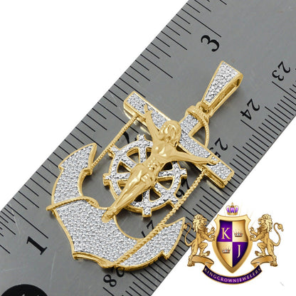 Real Genuine Diamond Jesus Anchor Cross Crucifix Piece Pendant Charm Chain Set 10K Gold Finish