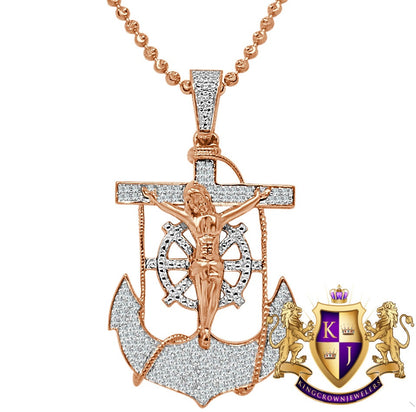 Real Genuine Diamond Jesus Anchor Cross Crucifix Piece Pendant Charm Chain Set 10K Rose Gold Finish