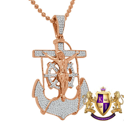 Real Genuine Diamond Jesus Anchor Cross Crucifix Piece Pendant Charm Chain Set 10K Rose Gold Finish