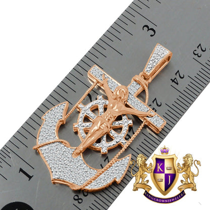 Real Genuine Diamond Jesus Anchor Cross Crucifix Piece Pendant Charm Chain Set 10K Rose Gold Finish