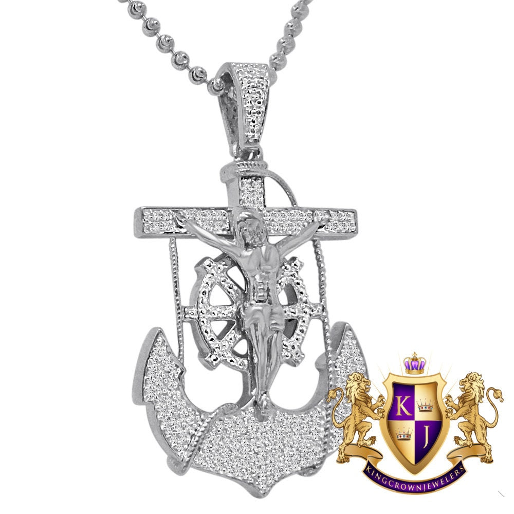 Real Genuine Diamond Jesus Anchor Cross Crucifix Piece Pendant Charm Chain Set 10K White Gold Finish