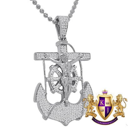 Real Genuine Diamond Jesus Anchor Cross Crucifix Piece Pendant Charm Chain Set 10K White Gold Finish