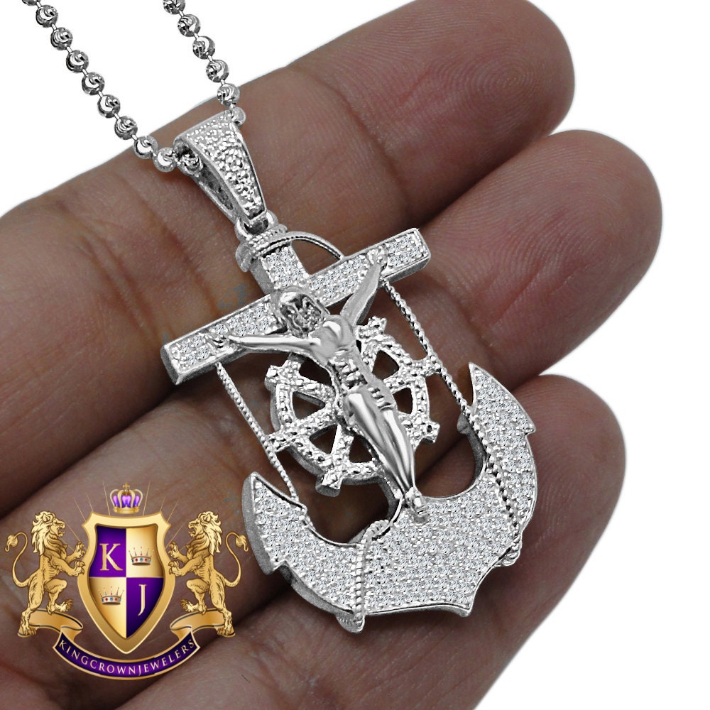 Real Genuine Diamond Jesus Anchor Cross Crucifix Piece Pendant Charm Chain Set 10K White Gold Finish