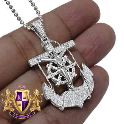 Real Genuine Diamond Jesus Anchor Cross Crucifix Piece Pendant Charm Chain Set 10K White Gold Finish