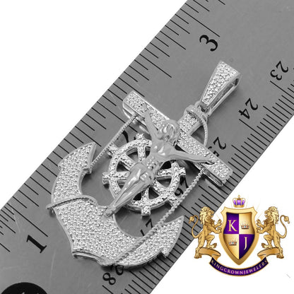 Real Genuine Diamond Jesus Anchor Cross Crucifix Piece Pendant Charm Chain Set 10K White Gold Finish