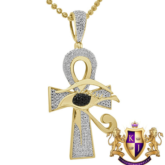 Real Genuine Diamond Evil Eye Egyptian Ankh Cross Pendent Charm Chain 10K Gold Finish