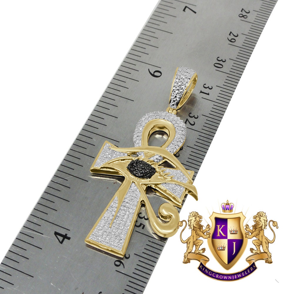Real Genuine Diamond Evil Eye Egyptian Ankh Cross Pendent Charm Chain 10K Gold Finish