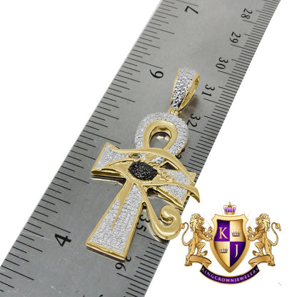 Real Genuine Diamond Evil Eye Egyptian Ankh Cross Pendent Charm Chain 10K Gold Finish