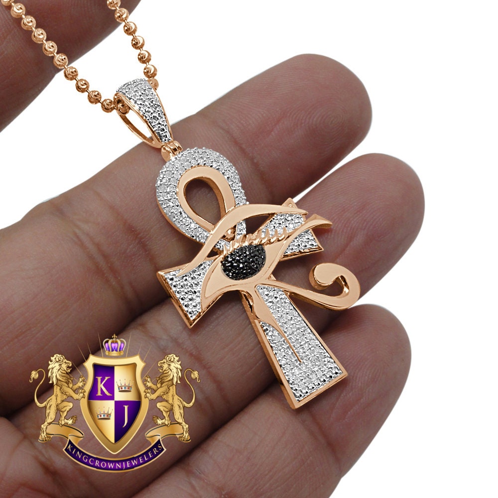 Real Genuine Diamond Evil Eye Egyptian Ankh Cross Pendent Charm Chain 10K Rose Gold Finish