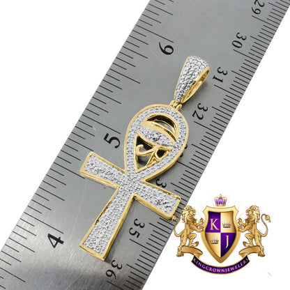 Genuine Diamond Horus Evil Eye Egyptian Ankh Cross Pendent Charm Chain Set 10K Gold Finish