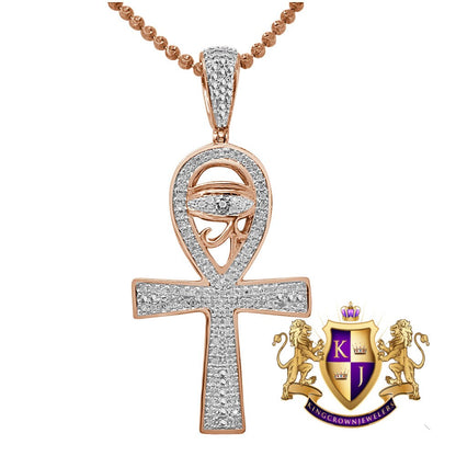 Genuine Diamond Horus Evil Eye Egyptian Ankh Cross Pendent Charm Chain Set 10K Rose Gold Finish