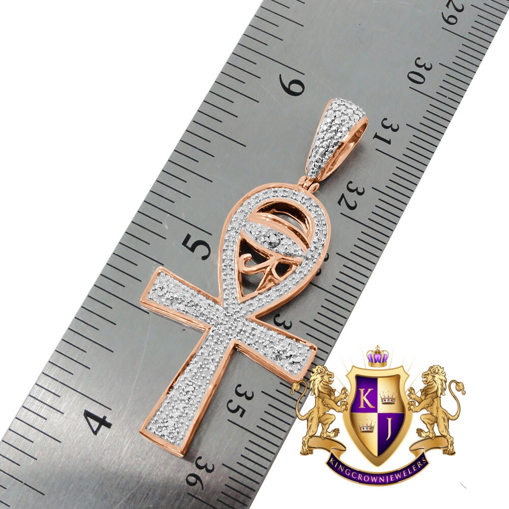 Genuine Diamond Horus Evil Eye Egyptian Ankh Cross Pendent Charm Chain Set 10K Rose Gold Finish