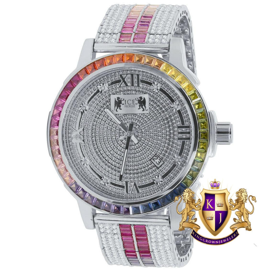 Mens Solid Stainless Steel Bezel White Gold Finish Rainbow Multi Tone Watch Real Diamond Dial W/Date Function