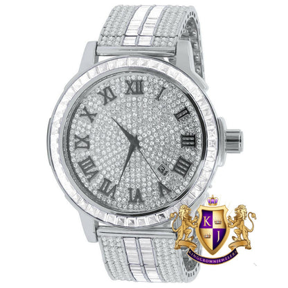 Mens 18K White Gold Finish Simulated Diamonds Adjustable Custom Band Watch Solid Steel Baguette Solitaire Bezel W/Date