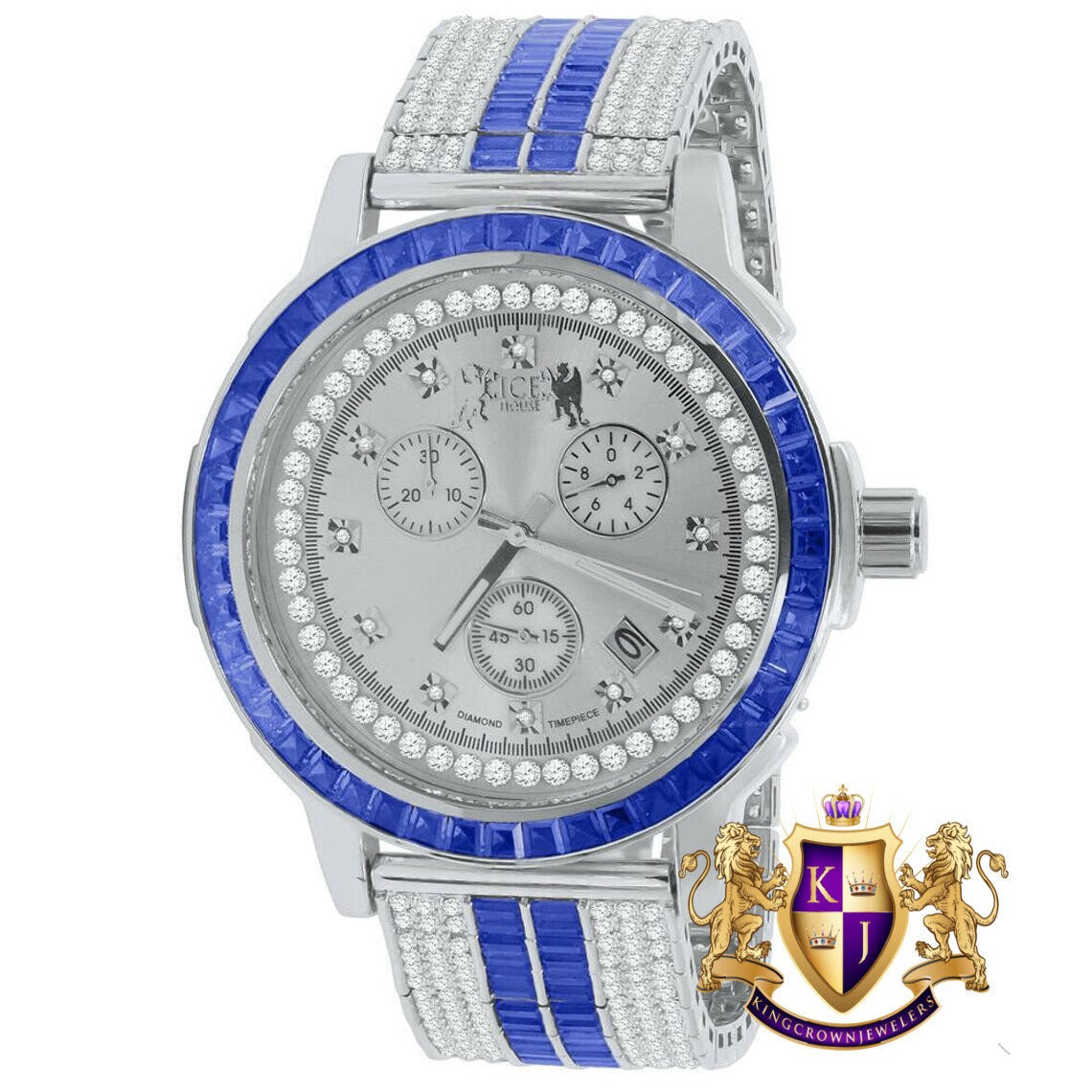 Sapphire Blue White Gold Tone Mens Watch W/Date Adjustable Custom Band Real Diamond Dial Stainless Steel Baguette Bezel
