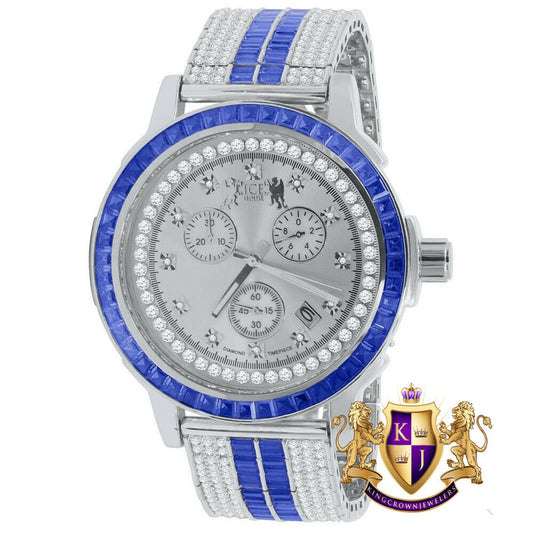 Sapphire Blue White Gold Tone Mens Watch W/Date Adjustable Custom Band Real Diamond Dial Stainless Steel Baguette Bezel