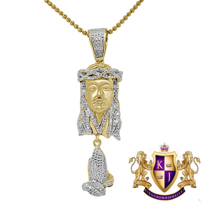Real Genuine Diamond Jesus Face Praying Hands Pendant Charm Chain Set 10K Yellow Gold Finish