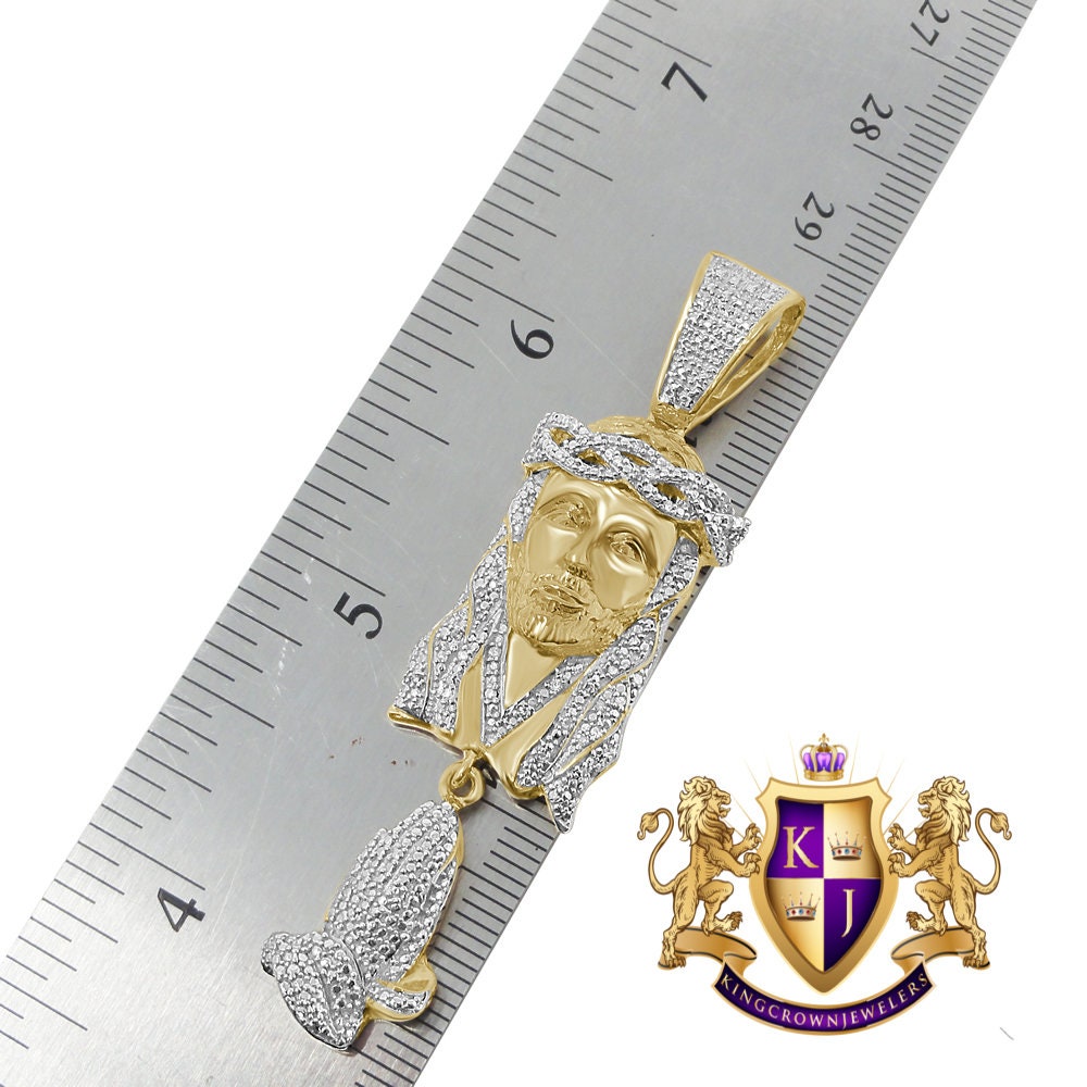 Real Genuine Diamond Jesus Face Praying Hands Pendant Charm Chain Set 10K Yellow Gold Finish