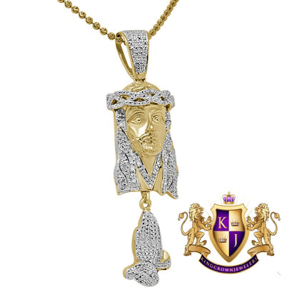 Real Genuine Diamond Jesus Face Praying Hands Pendant Charm Chain Set 10K Yellow Gold Finish