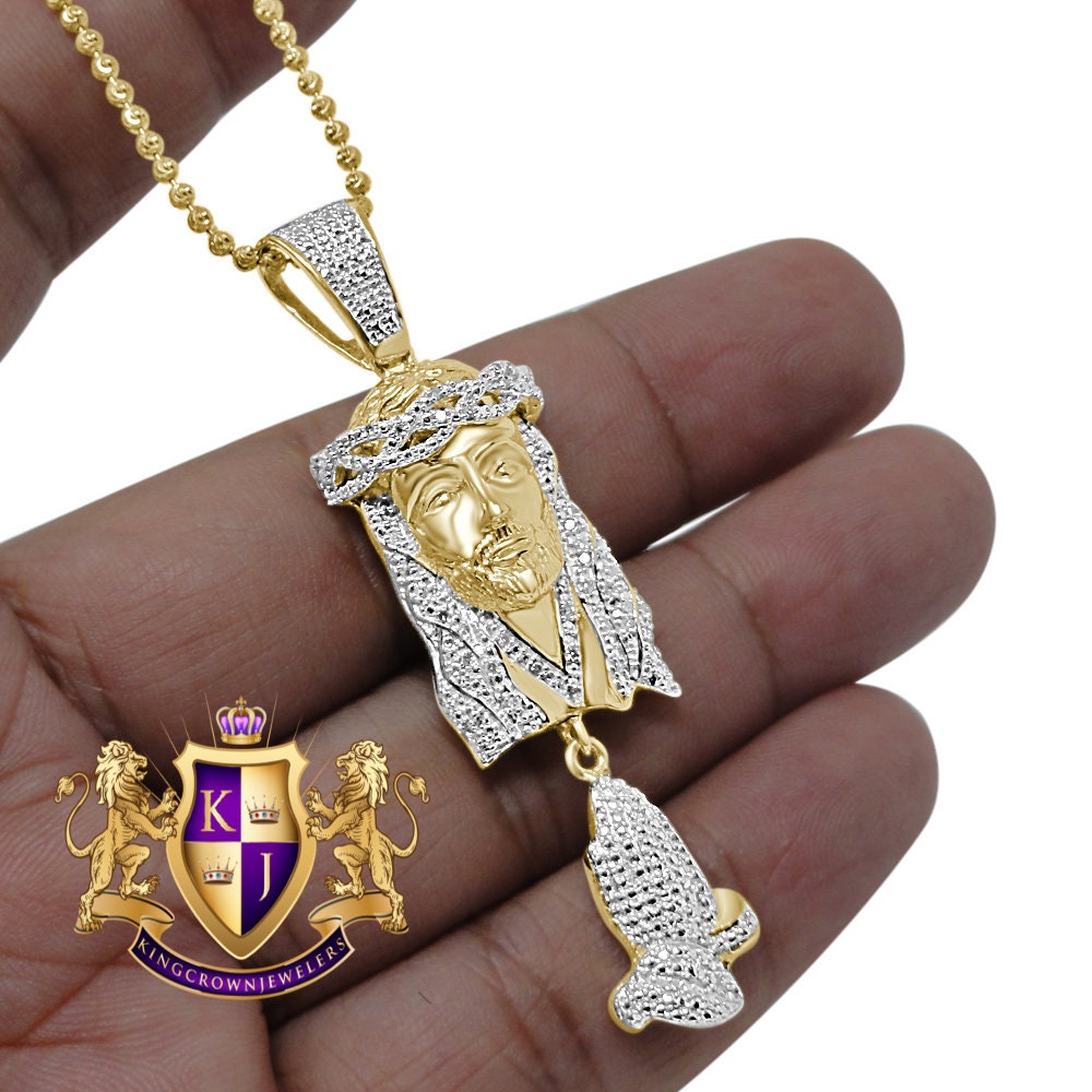 Real Genuine Diamond Jesus Face Praying Hands Pendant Charm Chain Set 10K Yellow Gold Finish