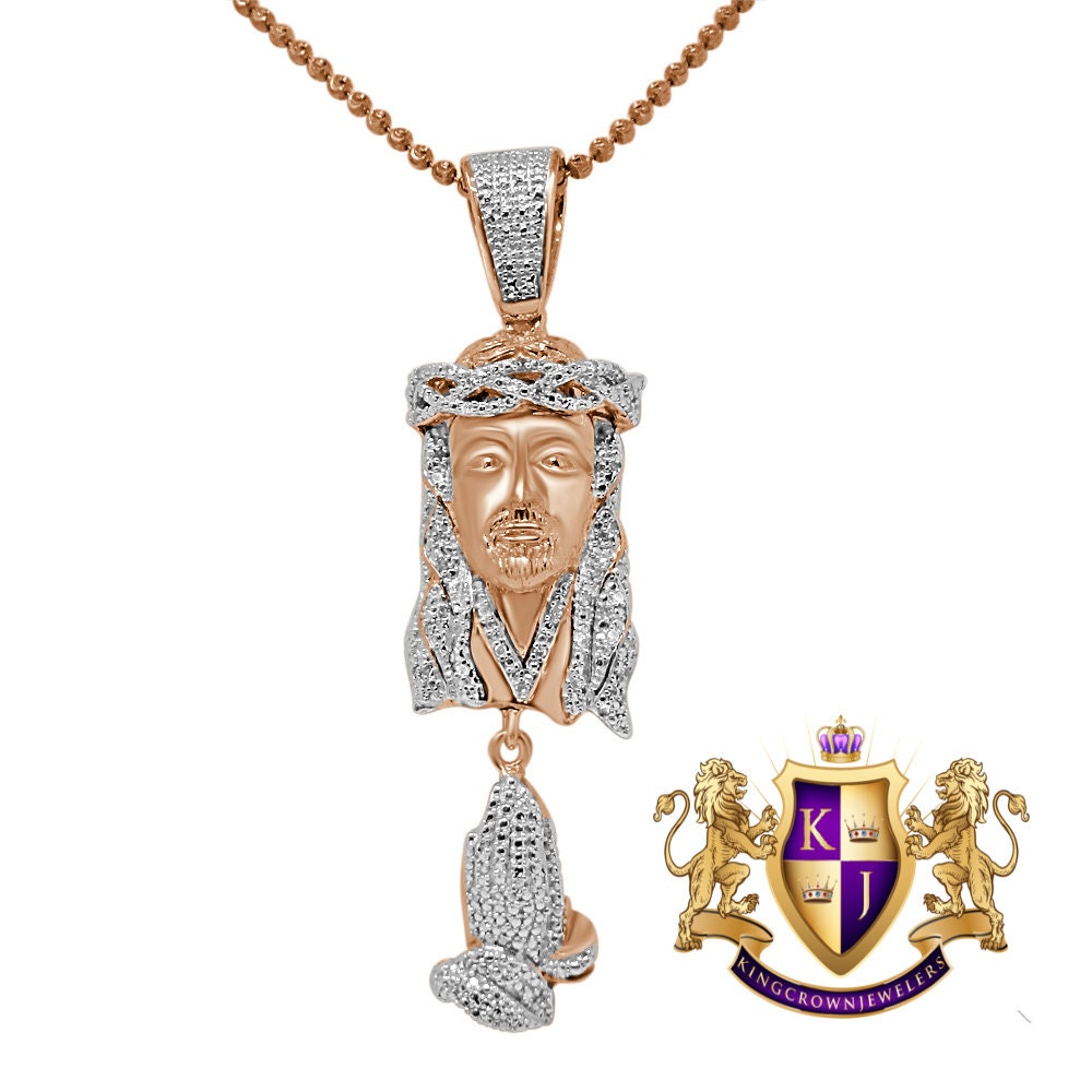Real Genuine Diamond Jesus Face Praying Hands Pendant Charm Chain Set 10K Rose Gold Finish