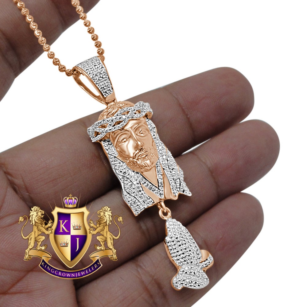Real Genuine Diamond Jesus Face Praying Hands Pendant Charm Chain Set 10K Rose Gold Finish