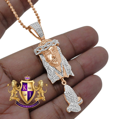Real Genuine Diamond Jesus Face Praying Hands Pendant Charm Chain Set 10K Rose Gold Finish