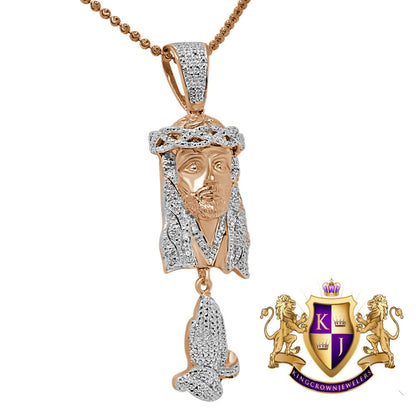 Real Genuine Diamond Jesus Face Praying Hands Pendant Charm Chain Set 10K Rose Gold Finish