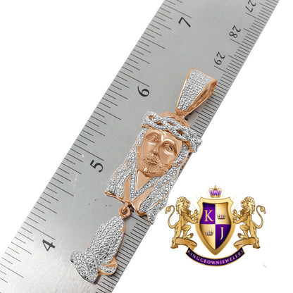 Real Genuine Diamond Jesus Face Praying Hands Pendant Charm Chain Set 10K Rose Gold Finish