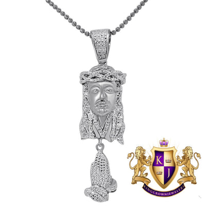 Real Genuine Diamond Jesus Face Praying Hands Pendant Charm Chain Set 10K White Gold Finish