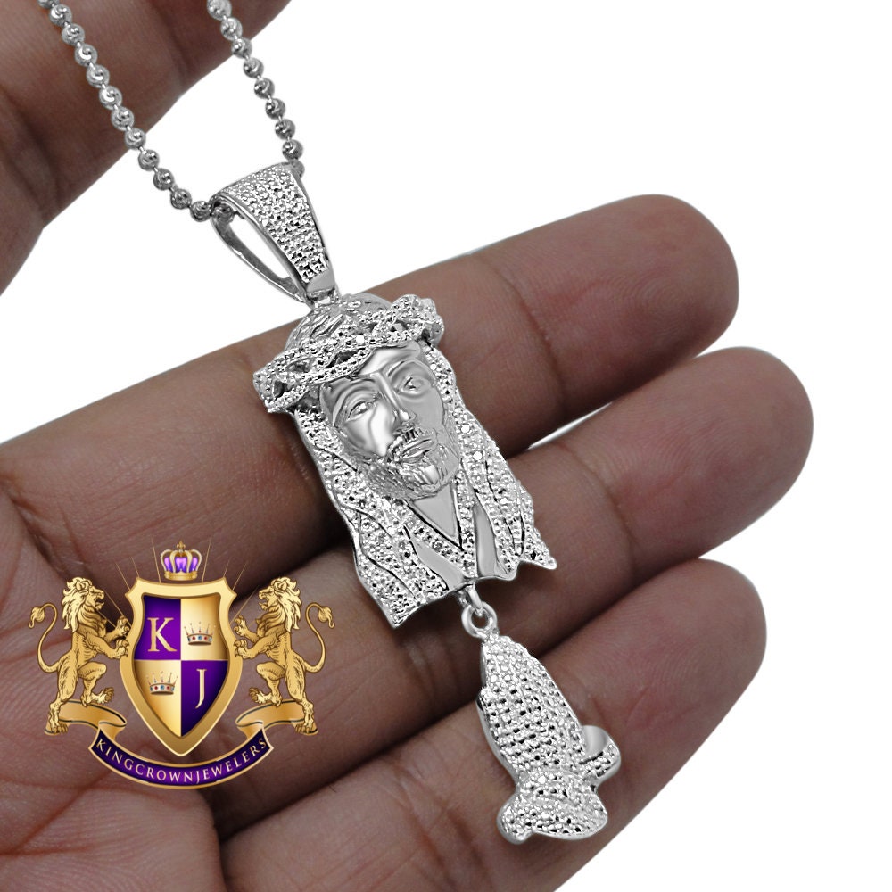 Real Genuine Diamond Jesus Face Praying Hands Pendant Charm Chain Set 10K White Gold Finish
