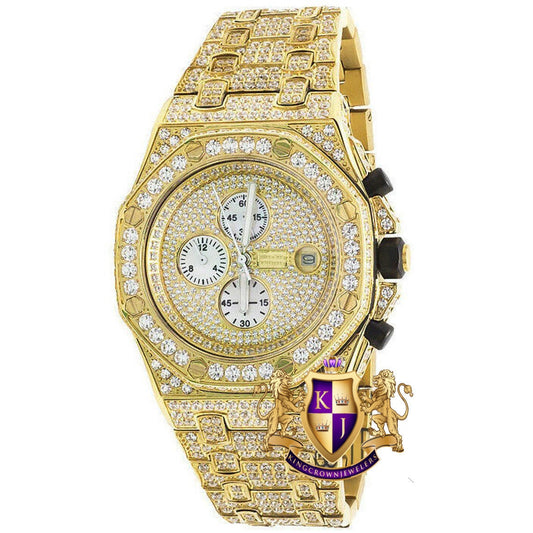 18K Yellow Gold Full Stainless Steel Mens Simulated Diamond Chronograph Watch 43MM